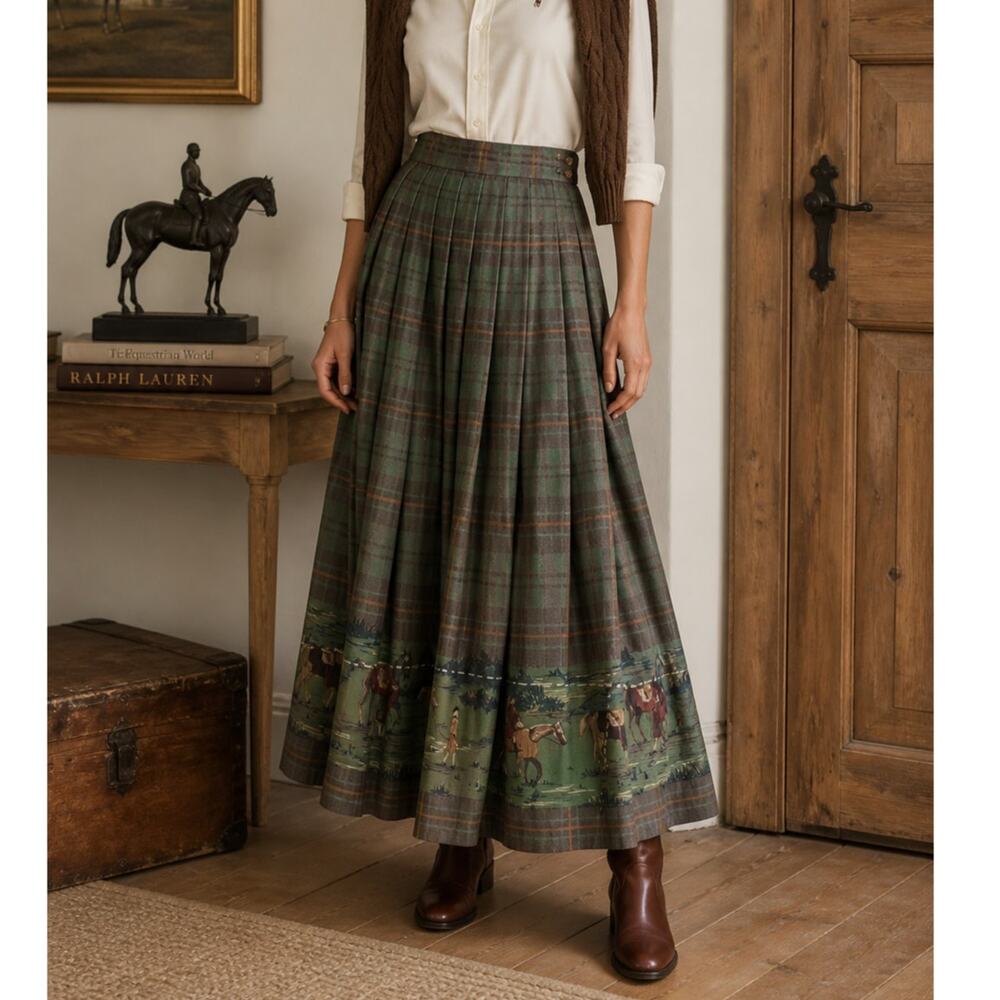 Rare Herman Geist Equestrian Tartan Plaid Maxi Horse Skirt Green Size 12 Large - Picture 2 of 10